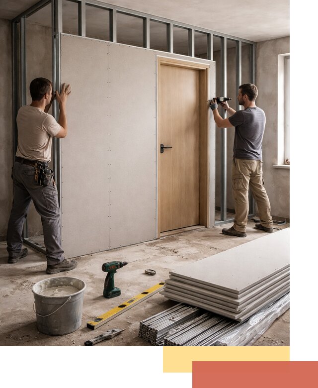 Перегородка из гипсокартона с дверью под ключ в Ялуторовске