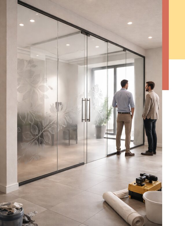 Стеклянные перегородки с рисунком в Ялуторовске от 12911 руб. монтаж и нанесение | ОТДЕЛОЧНИК-Лтр