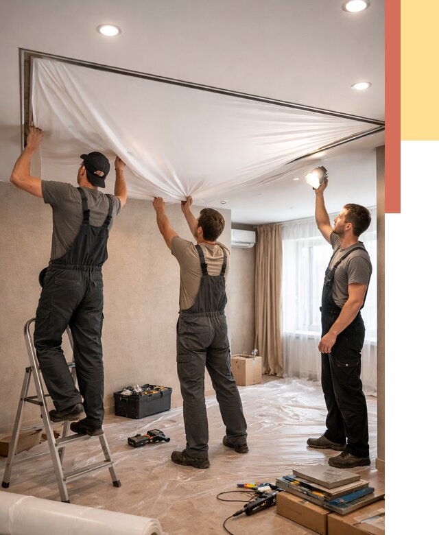 Монтаж ПВХ натяжного потолка в Ялуторовске от 3615 руб. под ключ | ОТДЕЛОЧНИК-Лтр