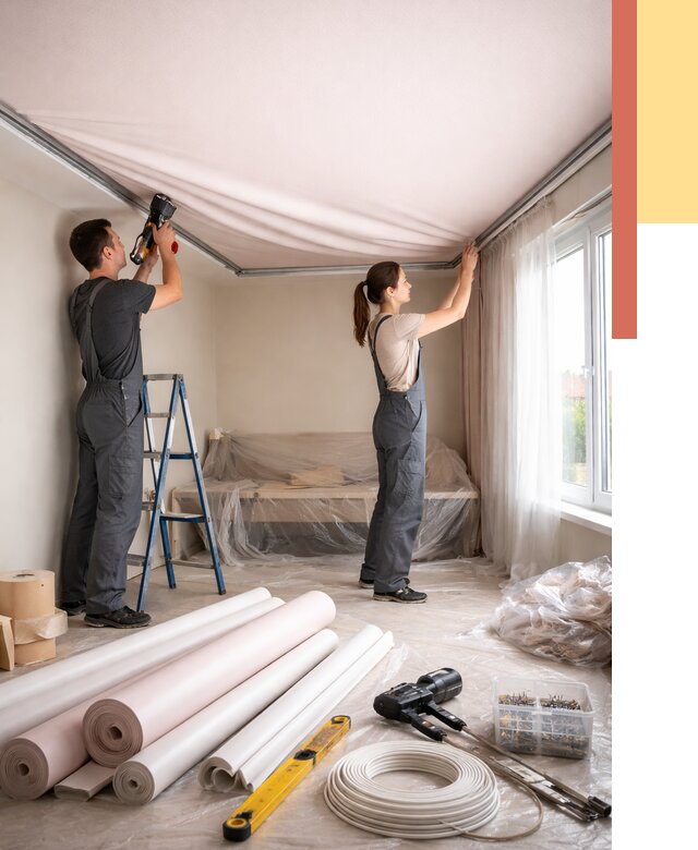 Монтаж цветного натяжного потолка в Ялуторовске от 4338 руб/м² — быстро и недорого | ОТДЕЛОЧНИК-Лтр