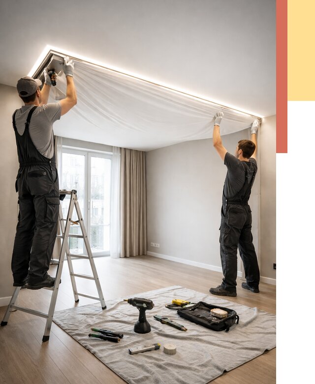 Монтаж парящего натяжного потолка в Ялуторовске от 4648 руб. быстро и недорого | ОТДЕЛОЧНИК-Лтр