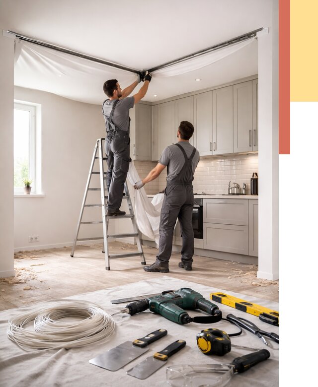 Установка натяжного потолка на кухне в Ялуторовске от 2479 руб. | ОТДЕЛОЧНИК-Лтр