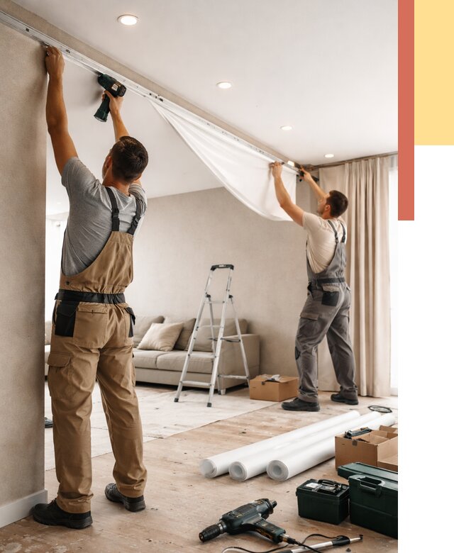 Монтаж натяжного потолка в гостиной в Ялуторовске от 568 руб. | ОТДЕЛОЧНИК-Лтр