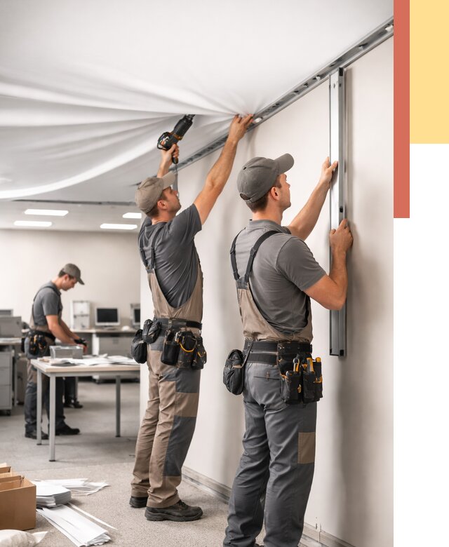 Монтаж натяжного потолка в офисе в Ялуторовске от 465 руб/м² — быстро и недорого | ОТДЕЛОЧНИК-Лтр