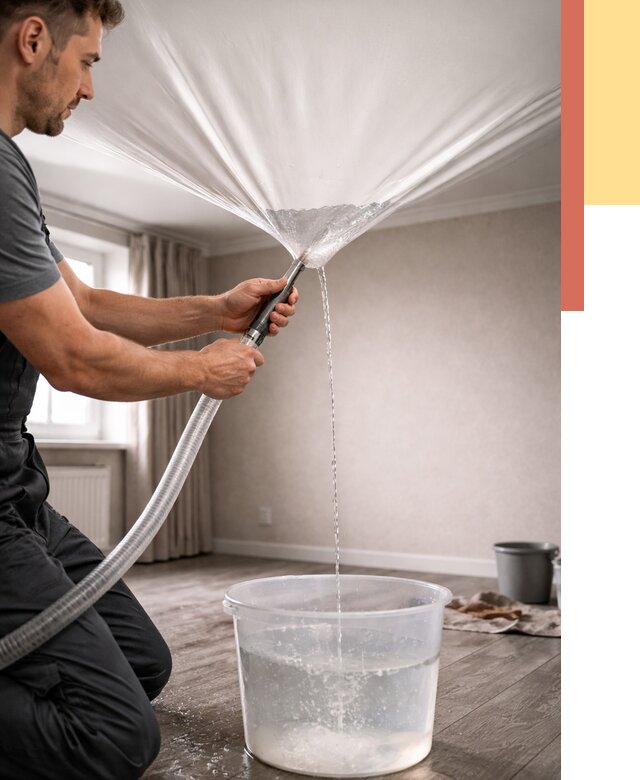 Слив воды с натяжного потолка в Ялуторовске от 2582 руб. быстро и недорого | ОТДЕЛОЧНИК-Лтр