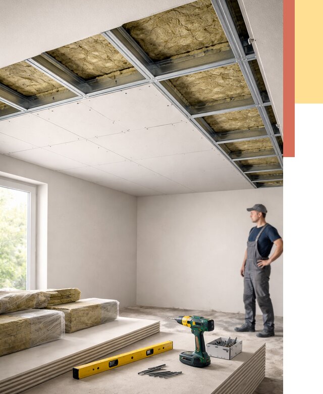 Звукоизоляция потолка ГКЛ в Ялуторовске от 981 руб. — монтаж под ключ | ОТДЕЛОЧНИК-Лтр